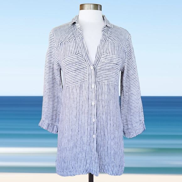Touche Balneaire Blue White Stripe Linen Beach Coverup Button Down Top XS - Picture 1 of 6